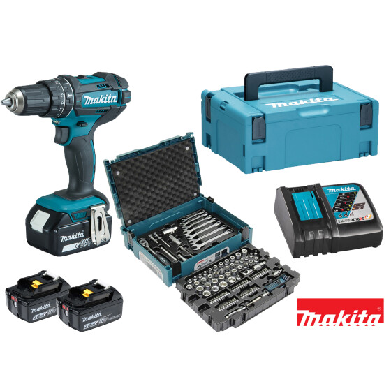 Makita Akku-Schlagbohrschrauber 18 V / 3,0 Ah, 2 Akkus + Ladegerät inkl. 120-tlg Zubehör-Set und MAKPAC DHP482JX13