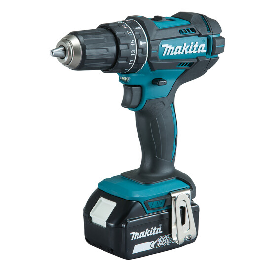 Makita Akku-Schlagbohrschrauber 18 V / 3,0 Ah, 2 Akkus + Ladegerät inkl. 120-tlg Zubehör-Set und MAKPAC DHP482JX13