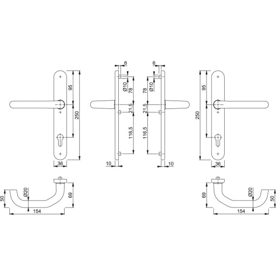 Hoppe FH-Drückergarnitur RR oval PZ E92 VK9 DIN Links-Rechts Paris RD-138GF/3357N F1 naturfarbig eloxiert mit Stütznocken Gleitlager AP TS 67-72mm Antipanik 3330275