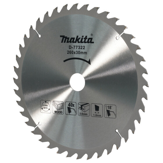 Makita Sägeblatt TCT 260x30x40Z Ø 260 mm 40 Zähne 2,6 mm Schnittbreite 18° Zahnwinkel Holz D-77322