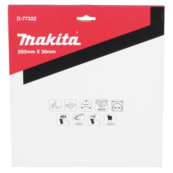 Makita Sägeblatt TCT 260x30x40Z Ø 260 mm 40 Zähne 2,6 mm Schnittbreite 18° Zahnwinkel Holz D-77322