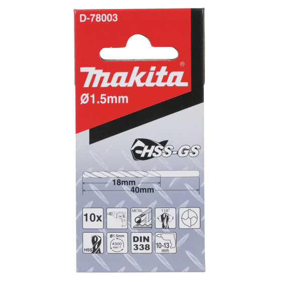 Makita HSS-GS 1,5mm Metallbohrer 10Stk. Ø 1,5 mm 40 mm Gesamtlänge 18 mm Arbeitslänge 10 Stück D-78003