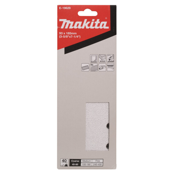 Makita Schleifpapier P40 93x185mm Klett 93x185 mm Körnung P40 Klett 8 Loch 10 Stück E-19629