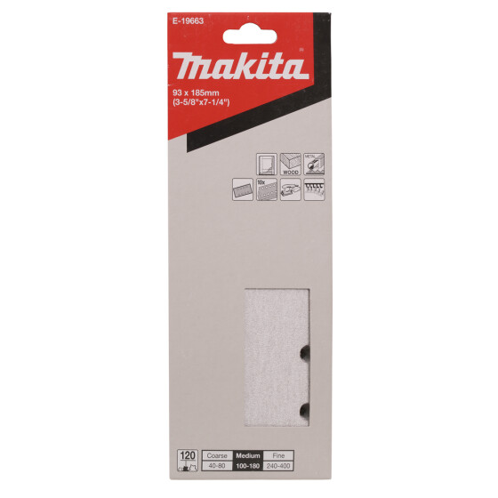 Makita Schleifpapier P120 93x185mm Klett 93x185 mm Körnung P120 Klett 8 Loch 10 Stück E-19663