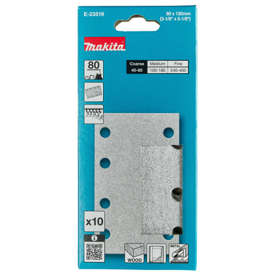 Makita Schleifpapier A80 80x130mm Klett 80x130 mm Körnung A80 Klett 8 Loch 10 Stück E-23519