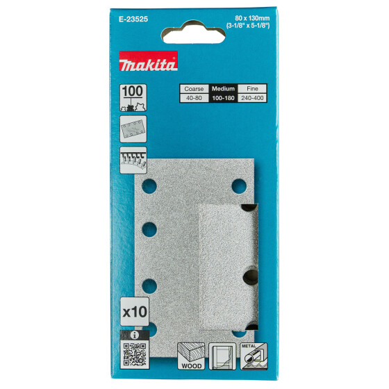 Makita Schleifpapier A100 80x130mm Klett 80x130 mm Körnung A100 Klett 8 Loch 10 Stück E-23525