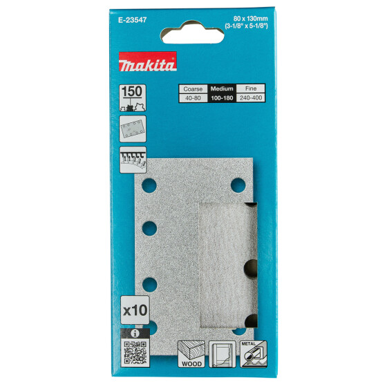 Makita Schleifpapier A150 80x130mm Klett 80x130 mm Körnung A150 Klett 8 Loch 10 Stück E-23547