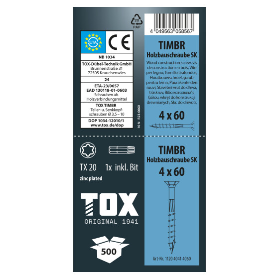 TOX Holzbauschraube blau verzinkt TX20 TIMBR 4,0 x 60 SK (500 Stk.)