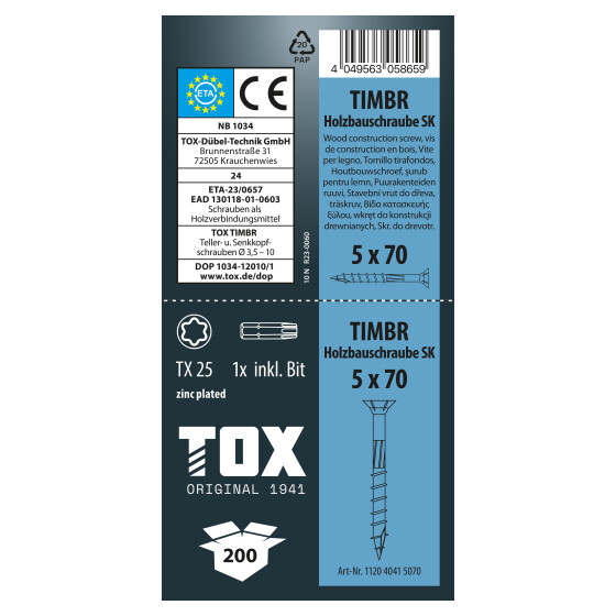 TOX Holzbauschraube blau verzinkt TX25 TIMBR 5,0 x 70 SK (200 Stk.)