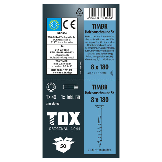 TOX Holzbauschraube blau verzinkt TX40 TIMBR  8,0 x 180 SK (50 Stk.)