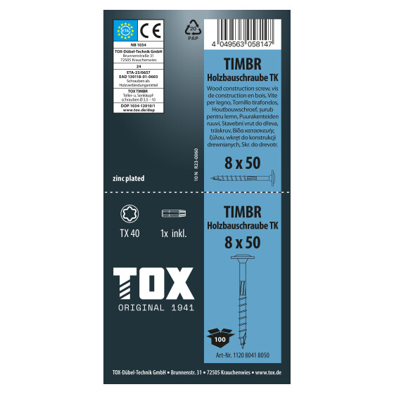 TOX Holzbauschraube blau verzinkt TX40 TIMBR 8,0 x 50 TK (100 Stk.)