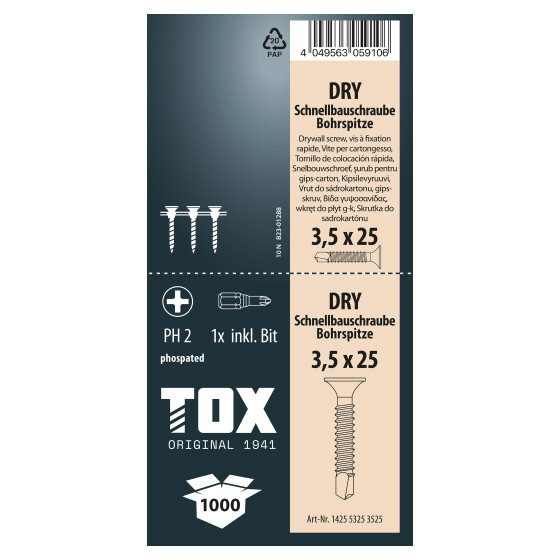 TOX Schnellbauschraube Feingewinde mit Bohrspitze PH2 DRY  3,5 x 25 BS(1000 magaz.)