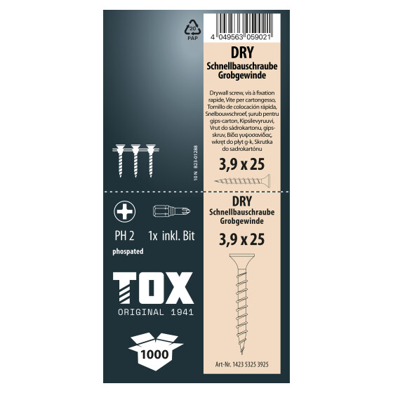 TOX Schnellbauschraube Grobgewinde magaziniert PH2 DRY 3,9 x 25 GG (1000 magaz.)