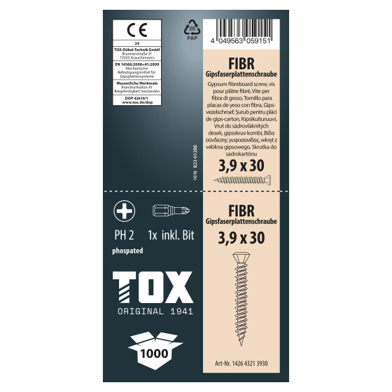 TOX Gipsfaserplattenschraube PH2 FIBR 3,9 x 30 GFP (1.000 Stk.)