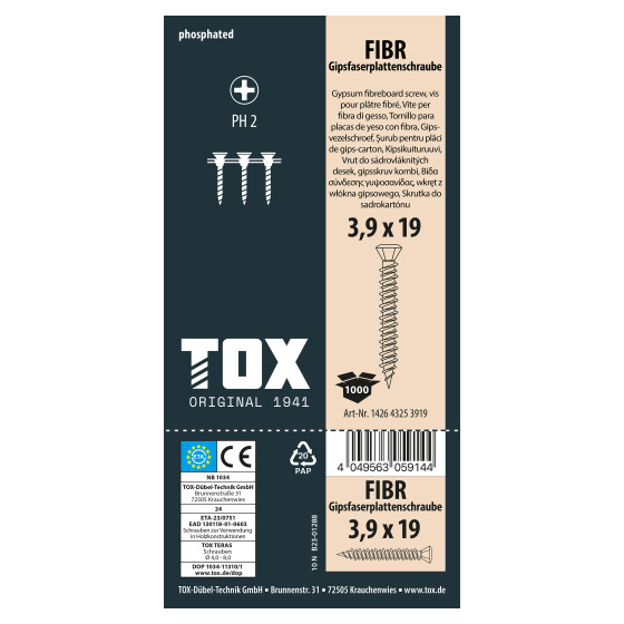 TOX Gipsfaserplattenschraube magaziniert PH2 FIBR 3,9 x 19  GFP (1000 magaz.)