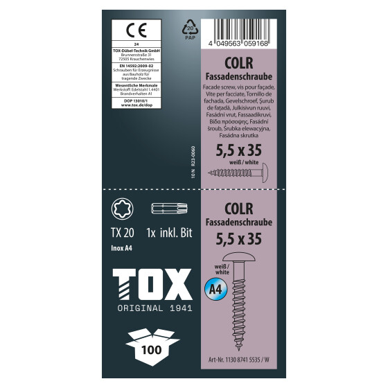 TOX Fassadenschraube A4 (weiß RAL9010) TX20 COLR 5,5 x 35  (100 Stk.)