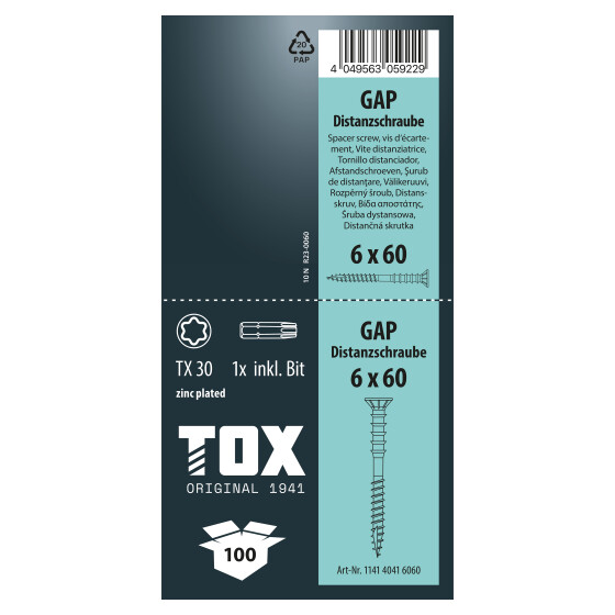 TOX Distanzschraube blau verzinkt TX30 GAP 6,0 x 60 (100 Stk.)