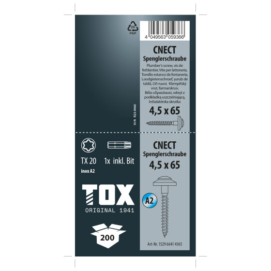 TOX Spenglerschraube A2 (Dichtscheibe 15 mm) TX20 CNECT 4,5 x 65 (200 Stk.)