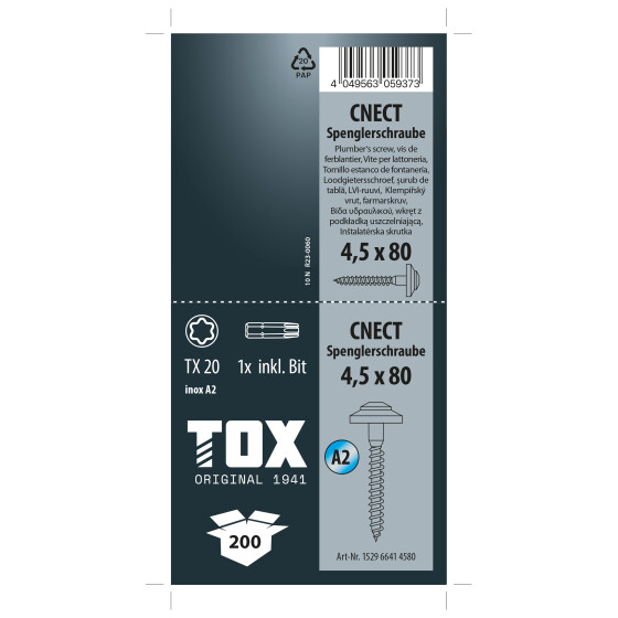 TOX Spenglerschraube A2 (Dichtscheibe 15 mm) TX20 CNECT 4,5 x 80 (200 Stk.)