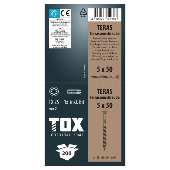 TOX Terrassenschraube C1 TX25 TERAS 5,0 x 50 (200 Stk.)