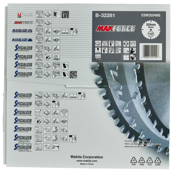 Makita Kreissägeblatt MAKFORCE 355/30 mm 40 Zähne 2,2 mm Holz B-32281