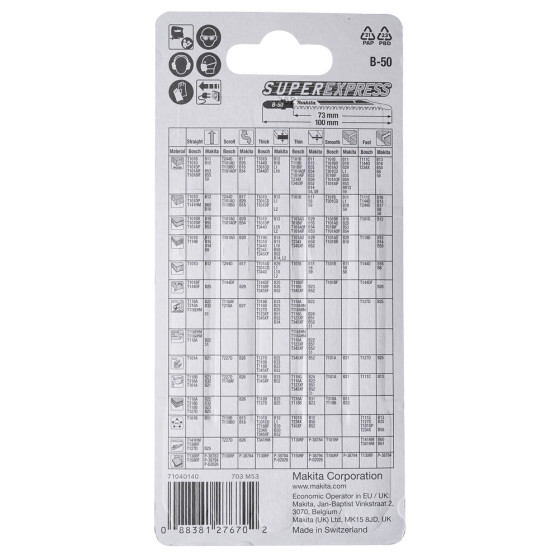 Makita Stichsägeblatt B-50 Holz/Kunststoff Holz/Kunststoff 2,4 mm / 10 tpi Arbeitslänge: 73 mm 5 Stück B-06460