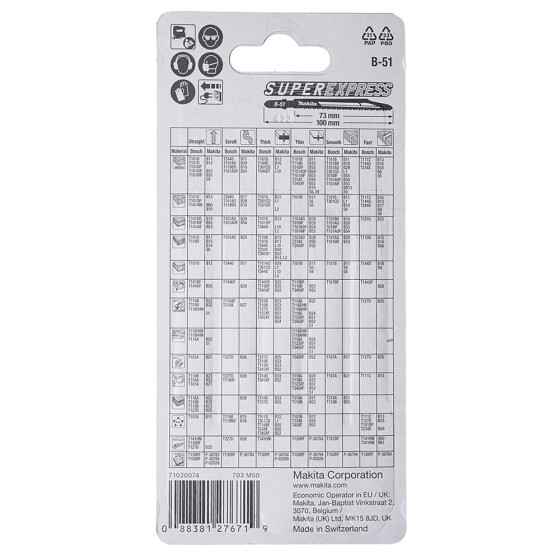 Makita Stichsägeblatt B-51 Metall/Edelstahl Metall/Edelstahl 1,4-2,6 mm / 9,8-18,1 tpi Arbeitslänge: 73 mm 5 Stück B-06476