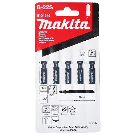 Makita Stichsägeblatt B-22S Metall/Kunststoff Metall/Kunststoff 1,1 mm / 24 tpi Arbeitslänge: 32 mm 5 Stück B-04949