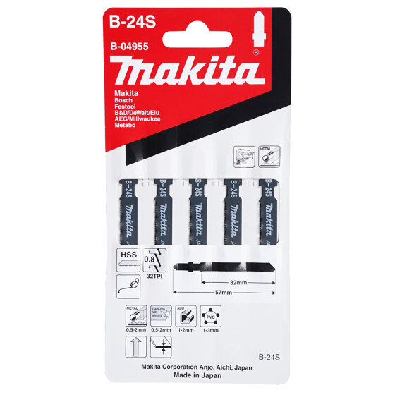 Makita Stichsägeblatt B-24S Metall/Kunststoff Metall/Kunststoff 0,8 mm / 32 tpi Arbeitslänge: 32 mm 5 Stück B-04955