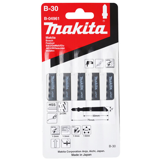 Makita Stichsägeblatt B-30 Metall/Kunststoff Metall/Kunststoff 1,1 mm / 24 tpi Arbeitslänge: 50 mm 5 Stück B-04961