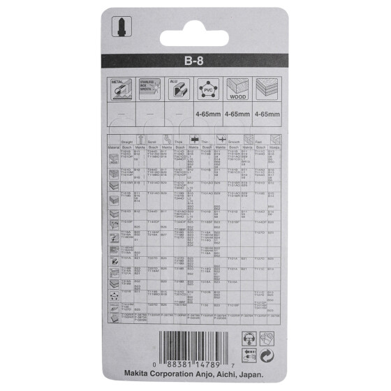 Makita Stichsägeblatt B-8 Holz/Kunststoff Holz/Kunststoff 3,2 mm / 8 tpi Arbeitslänge: 75 mm 5 Stück A-85232