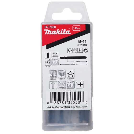 Makita Stichsägeblatt B-11 Holz/Kunststoff Holz/Kunststoff 2,8 mm / 9 tpi Arbeitslänge: 73 mm 100 Stück B-07680