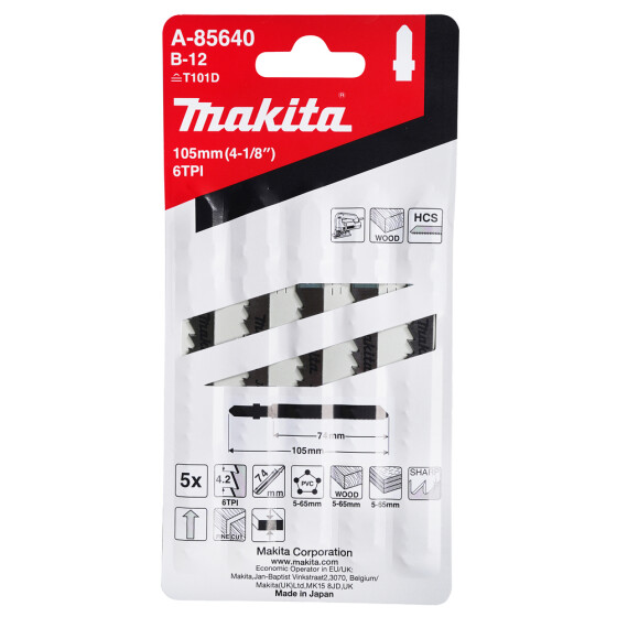 Makita Stichsägeblatt B-12 Holz/Kunststoff Holz/Kunststoff 4,2 mm / 6 tpi Arbeitslänge: 74 mm 5 Stück A-85640