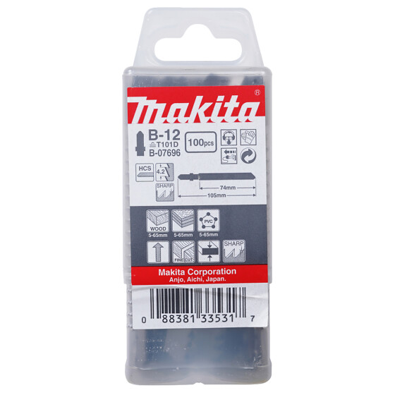 Makita Stichsägeblatt B-12 Holz/Kunststoff Holz/Kunststoff 4,2 mm / 6 tpi Arbeitslänge: 74 mm 100 Stück B-07696