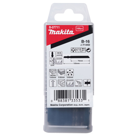 Makita Stichsägeblatt B-16 Holz/Kunststoff Holz/Kunststoff 4,2 mm / 6 tpi Arbeitslänge: 75 mm 100 Stück B-07711