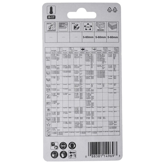 Makita Stichsägeblatt B-17 Kurvenblatt Holz/Kunststoff Holz/Kunststoff Kurvenschnitt 4,2 mm / 6 tpi Arbeitslänge: 71 mm 5 Stück A-85690