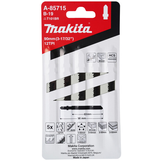 Makita Stichsägeblatt B-19 Arbeitsplatten/Kunststoff Holz/Kunststoff Stoß-Verzahnt 2,1 mm / 12 tpi Arbeitslänge: 63 mm 5 Stück A-85715