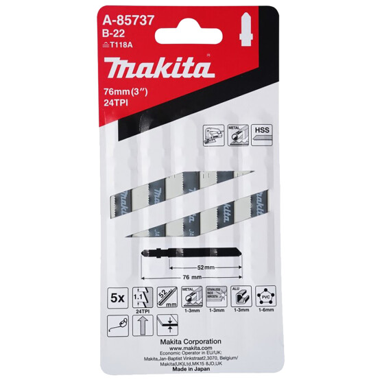 Makita Stichsägeblatt B-22 Metall/Kunststoff Metall/Kunststoff 1,1 mm / 24 tpi Arbeitslänge: 52 mm 5 Stück A-85737