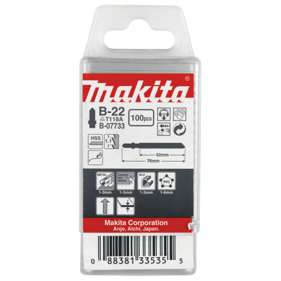 Makita Stichsägeblatt B-22 Metall/Kunststoff Metall/Kunststoff 1,1 mm / 24 tpi Arbeitslänge: 52 mm 100 Stück B-07733