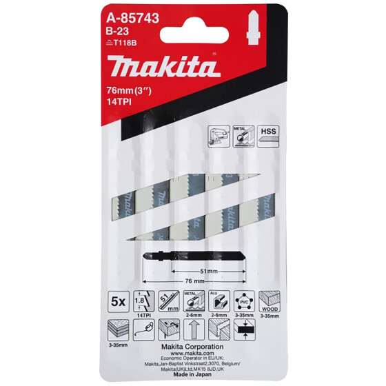 Makita Stichsägeblatt B-23 Holz/Metall/Kunststoff Holz/Metall/Kunststoff 1,8 mm / 14 tpi Arbeitslänge: 51 mm 5 Stück A-85743