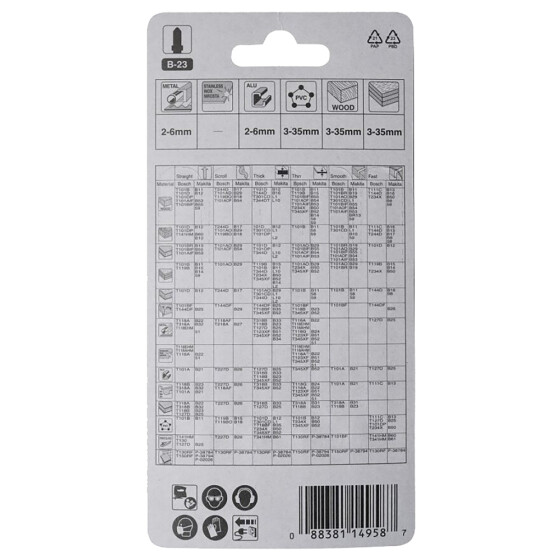 Makita Stichsägeblatt B-23 Holz/Metall/Kunststoff Holz/Metall/Kunststoff 1,8 mm / 14 tpi Arbeitslänge: 51 mm 5 Stück A-85743