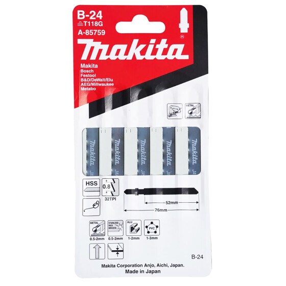 Makita Stichsägeblatt B-24 Metall/Kunststoff Metall/Kunststoff 0,8 mm / 32 tpi Arbeitslänge: 52 mm 5 Stück A-85759