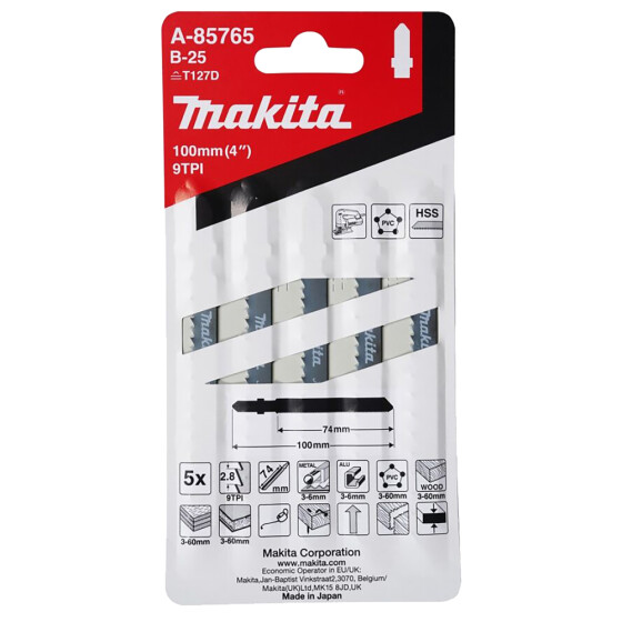 Makita Stichsägeblatt B-25 Holz/Metall/Kunststoff Holz/Metall/Kunststoff 2,8 mm / 9 tpi Arbeitslänge: 74 mm 5 Stück A-85765