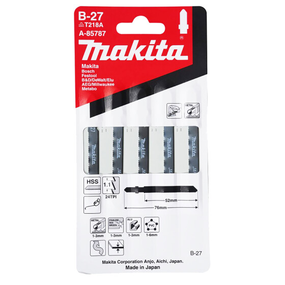 Makita Stichsägeblatt B-27 Metall/Kunststoff Metall/Kunststoff Kurvenschnitt 1,1 mm / 24 tpi Arbeitslänge: 52 mm 5 Stück A-85787