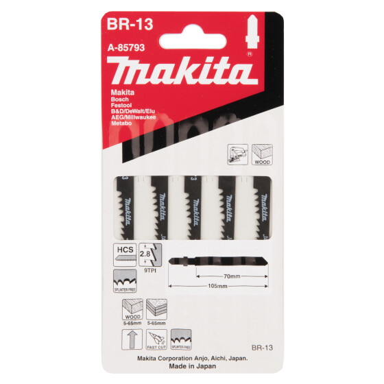 Makita Stichsägeblatt BR-13 Holz 2,8 mm / 9 tpi Arbeitslänge: 70 mm 5 Stück A-85793