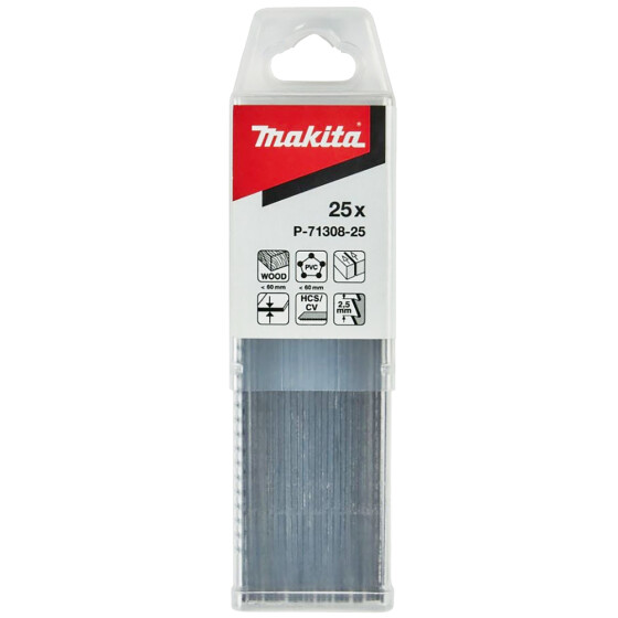 Makita Stichsägeblatt HC123 Holz/Kunststoff Holz/Kunststoff 2,5 mm / 10 tpi Arbeitslänge: 91 mm 25 Stück P-71308-25