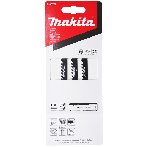 Makita Stichsägeblatt HM100 Hartholz/GFK/Gasbeton 4,2 mm / 6 tpi Arbeitslänge: 105 mm 3 Stück P-38772