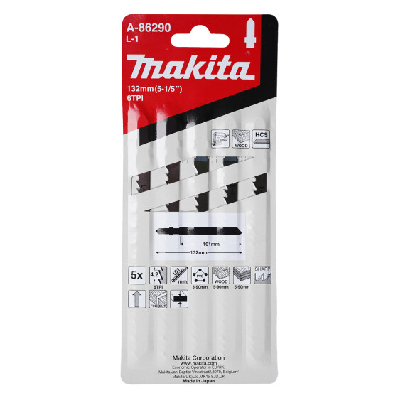 Makita Stichsägeblatt L-1 Holz/Kunststoff Holz/Kunststoff 4,2 mm / 6 tpi Arbeitslänge: 101 mm 5 Stück A-86290