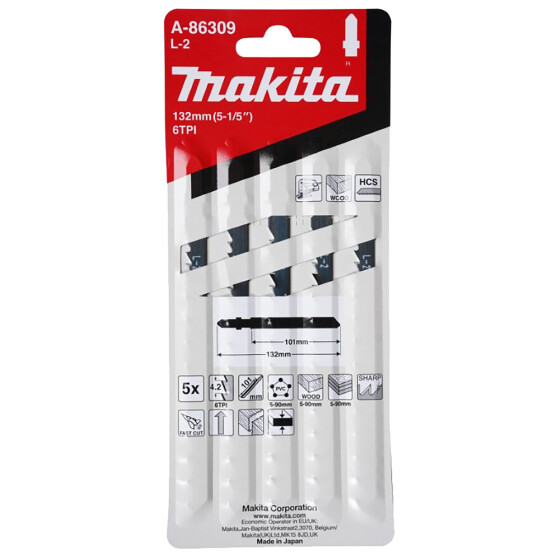 Makita Stichsägeblatt L-2 Holz/Kunststoff Holz/Kunststoff 4,2 mm / 6 tpi Arbeitslänge: 101 mm 5 Stück A-86309