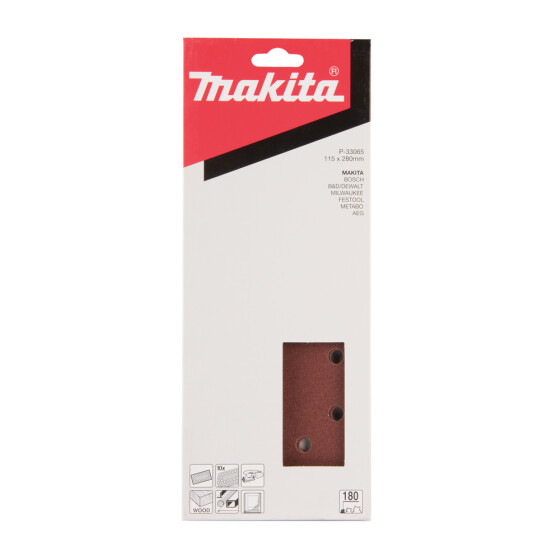 Makita Schleifpapier P180 115x280mm gelocht 115x280 mm Körnung P180 14 Loch 10 Stück P-33065